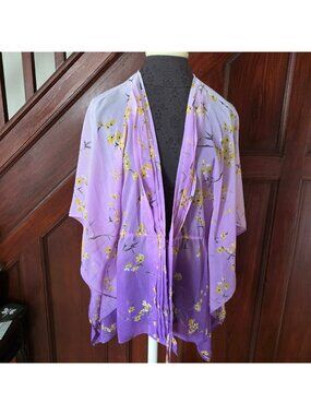 APT9 Floral Sheer Purple Kimono Cardigan With Yellow Blossoms Medium